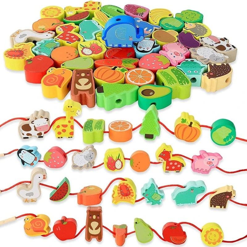 Perles en Bois à Enfiler Montessori – Fruits, Animaux & Lettres, Motricité Fine 3 Ans+