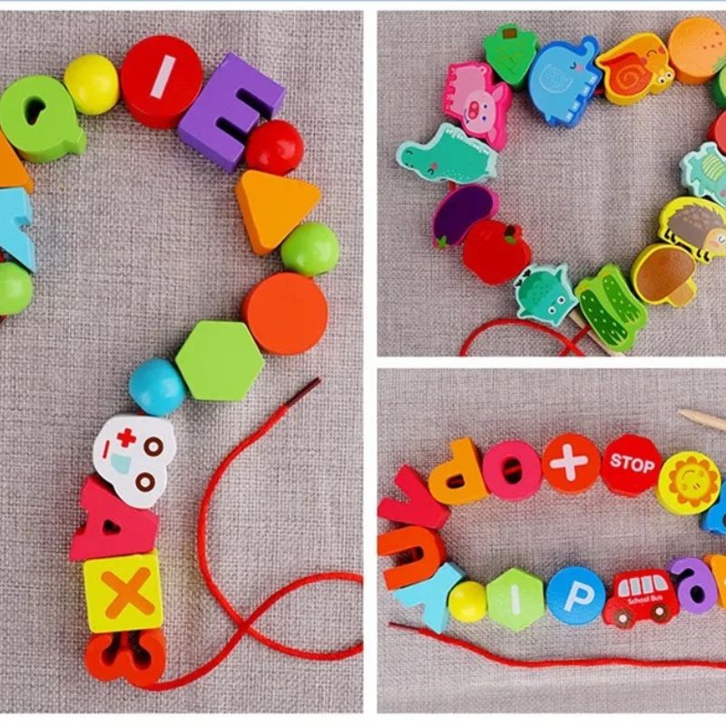 Perles en Bois à Enfiler Montessori – Fruits, Animaux & Lettres, Motricité Fine 3 Ans+