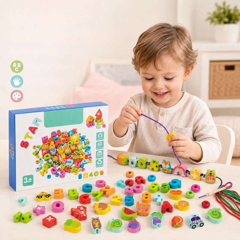 Perles en Bois à Enfiler Montessori – Fruits, Animaux & Lettres, Motricité Fine 3 Ans+