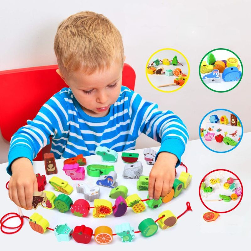 Perles en Bois à Enfiler Montessori – Fruits, Animaux & Lettres, Motricité Fine 3 Ans+